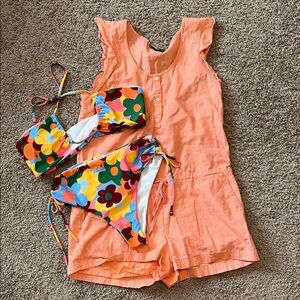 Colorful Floral Side-Tie Bikini with Linen Romper